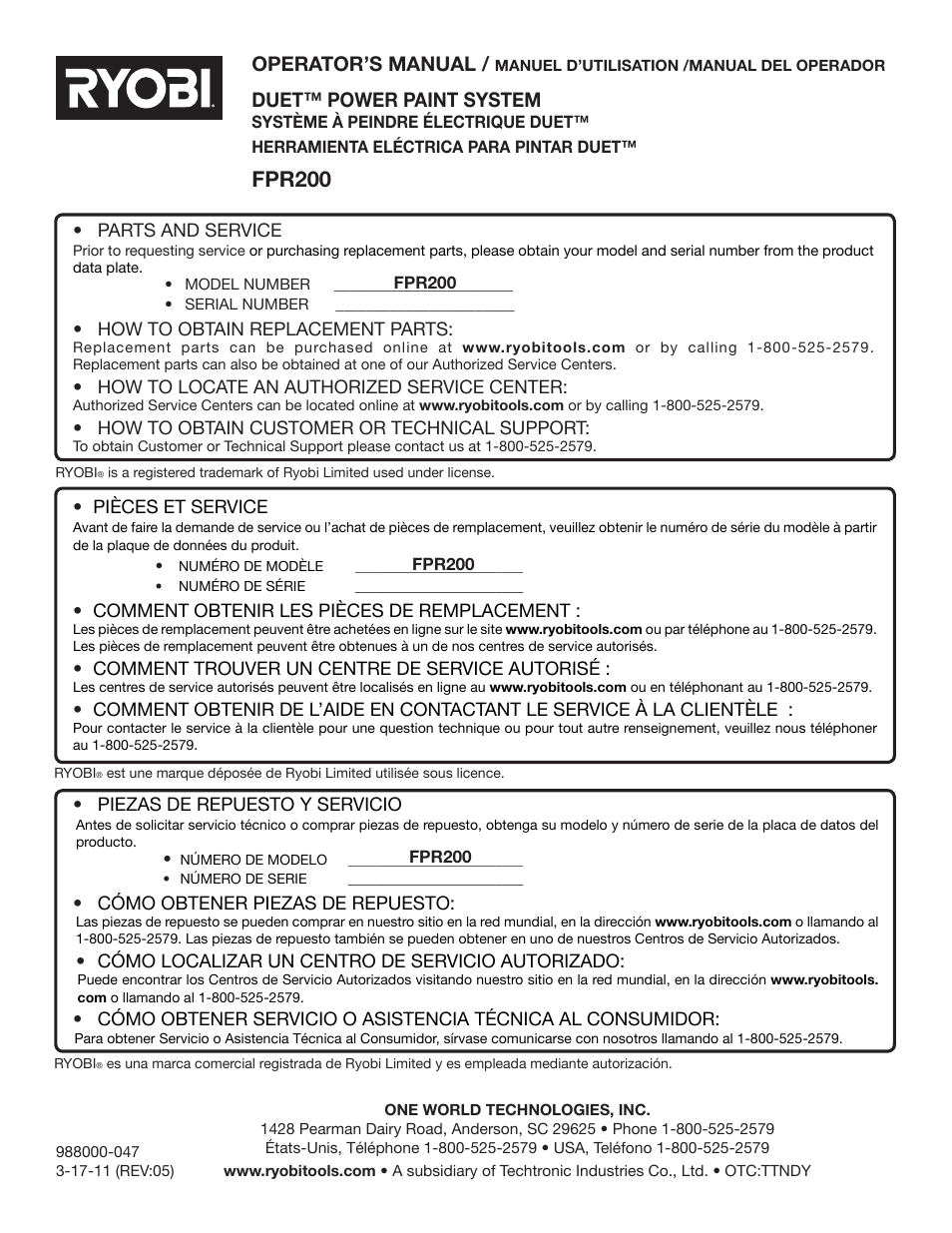 Fpr200, Operator’s manual, Duet™ power paint system | Ryobi FPR2000 User Manual | Page 32 / 32