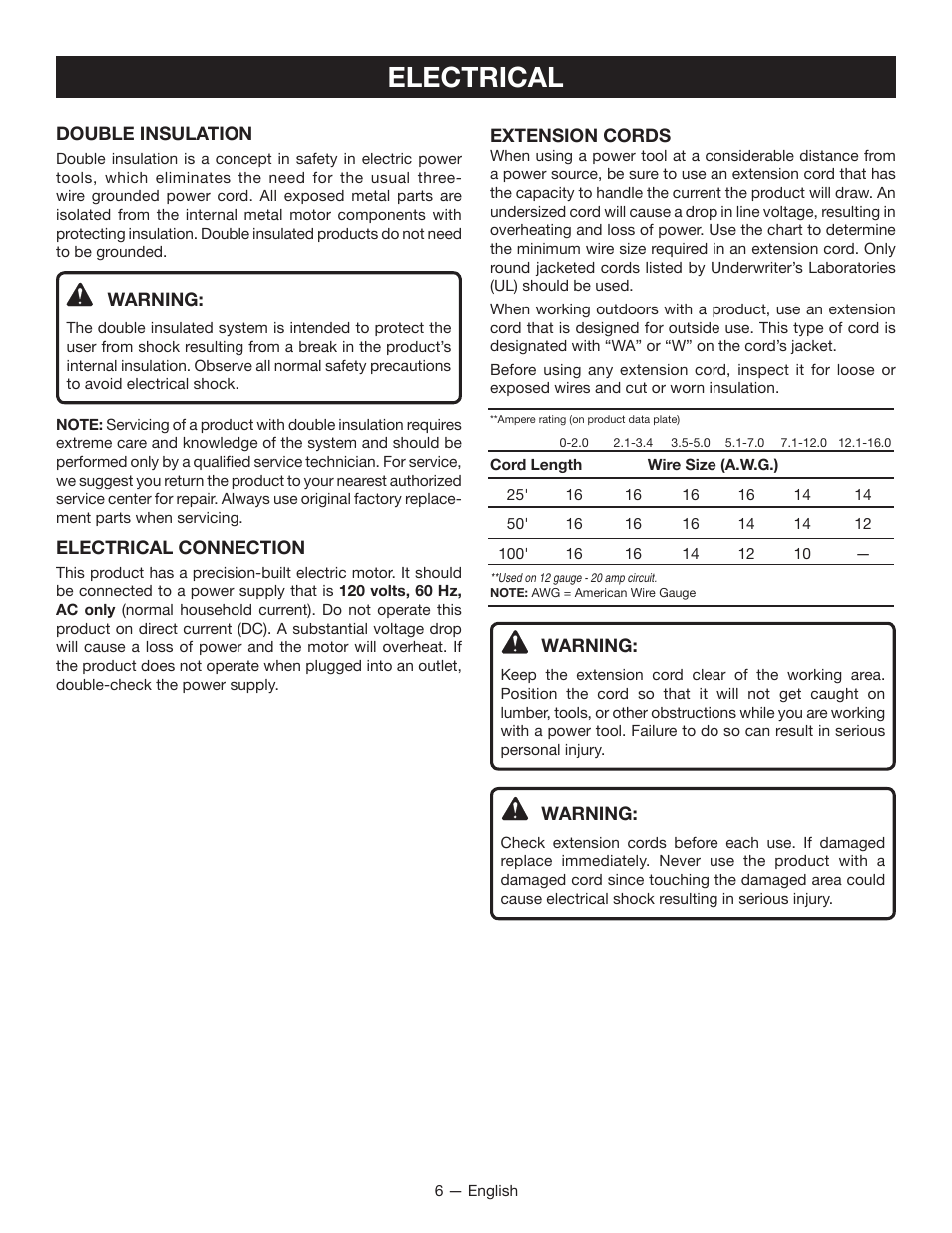 Electrical | Ryobi FPR2000 User Manual | Page 6 / 32