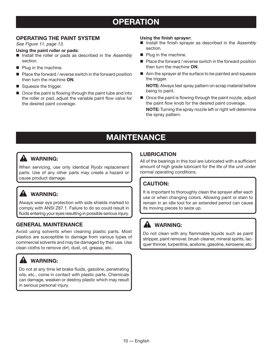 Maintenance, Operation | Ryobi FPR3000 User Manual | Page 10 / 36