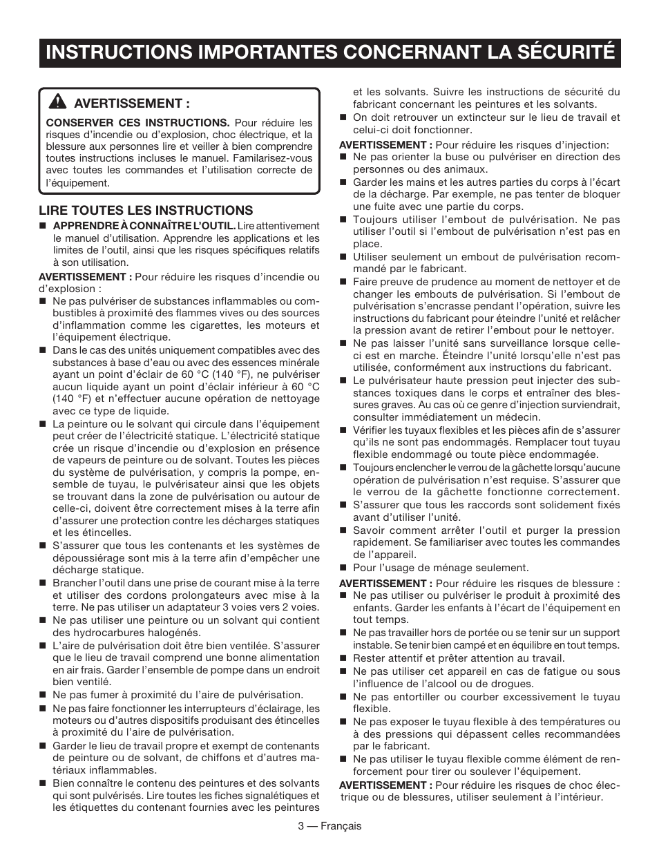 Instructions importantes concernant la sécurité | Ryobi FPR3000 User Manual | Page 13 / 36