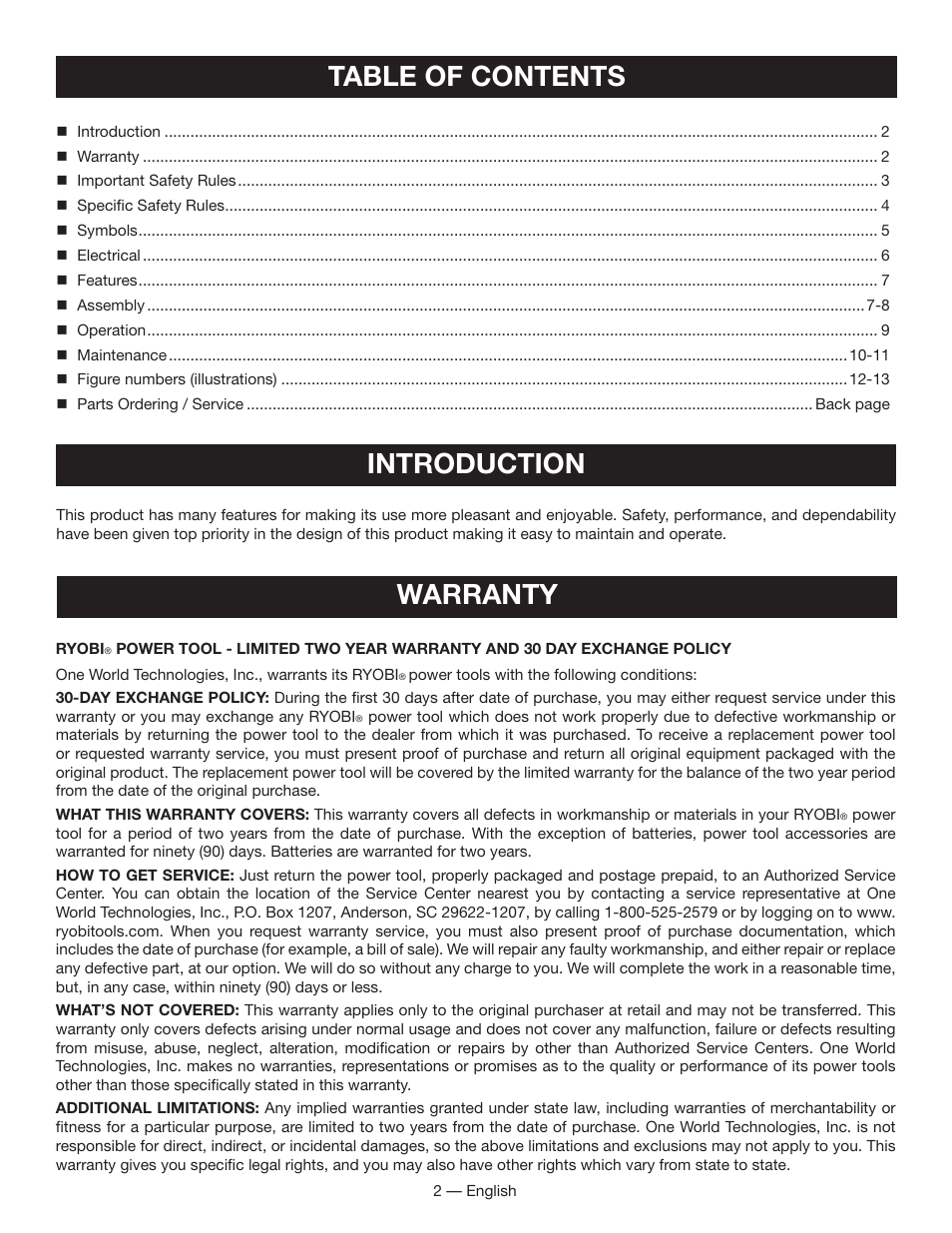 Table of contents introduction, Warranty | Ryobi FPR3000 User Manual | Page 2 / 36