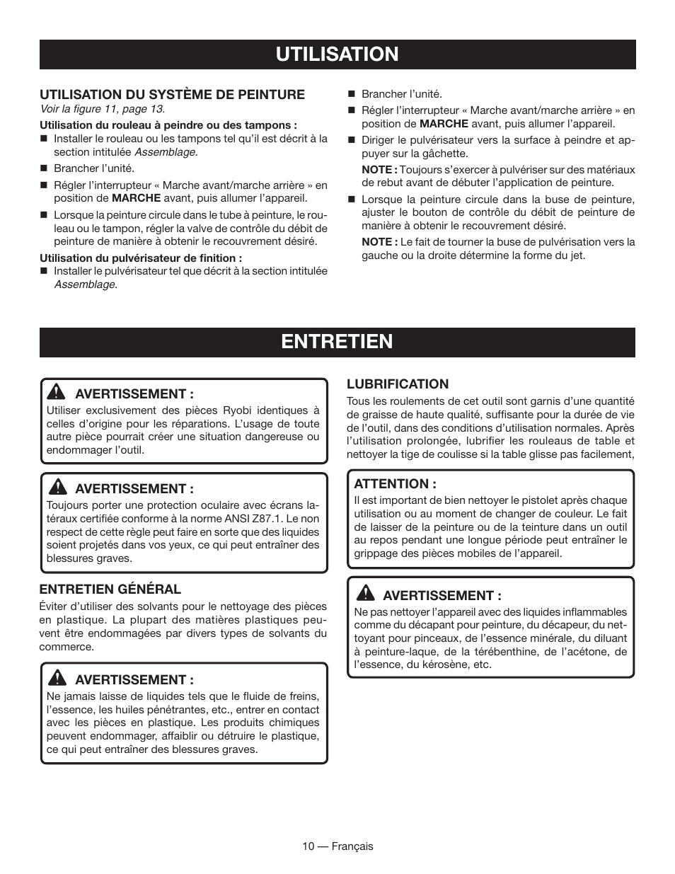 Entretien, Utilisation | Ryobi FPR3000 User Manual | Page 20 / 36