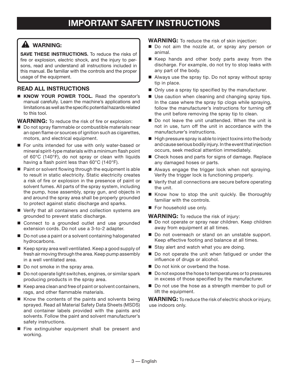 Important safety instructions | Ryobi FPR3000 User Manual | Page 3 / 36