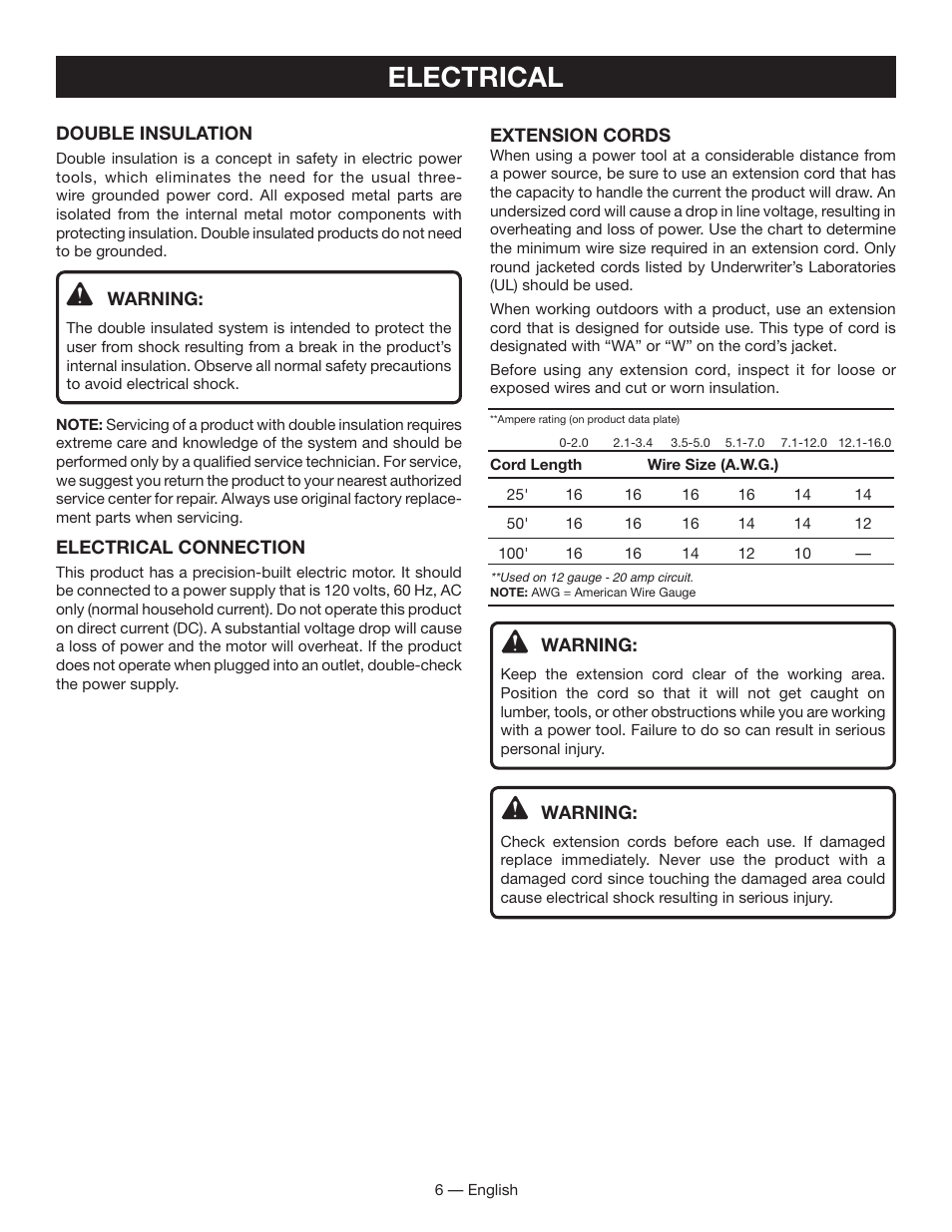 Electrical | Ryobi FPR3000 User Manual | Page 6 / 36