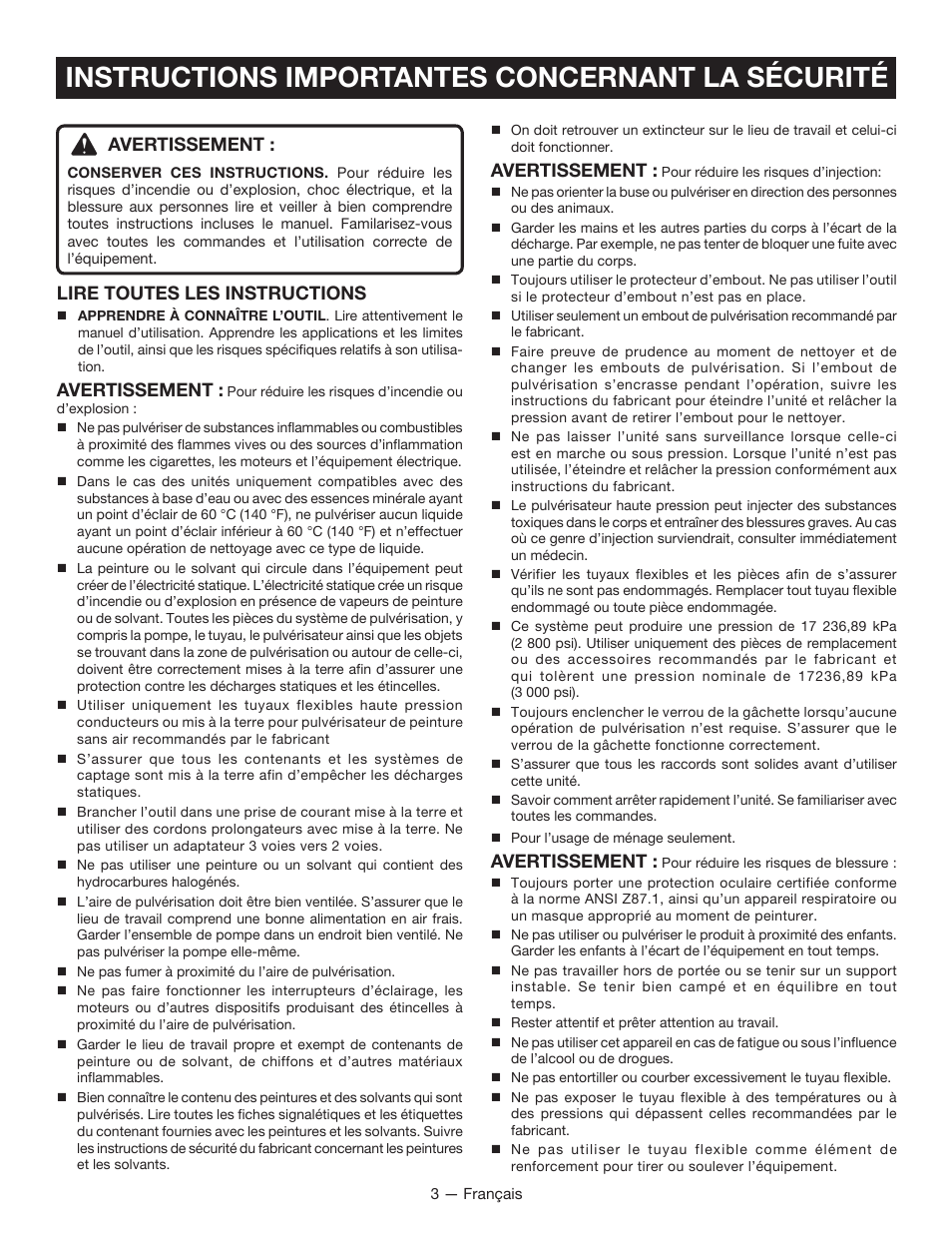 Instructions importantes concernant la sécurité, Avertissement, Lire toutes les instructions | Ryobi RAP200 User Manual | Page 17 / 48