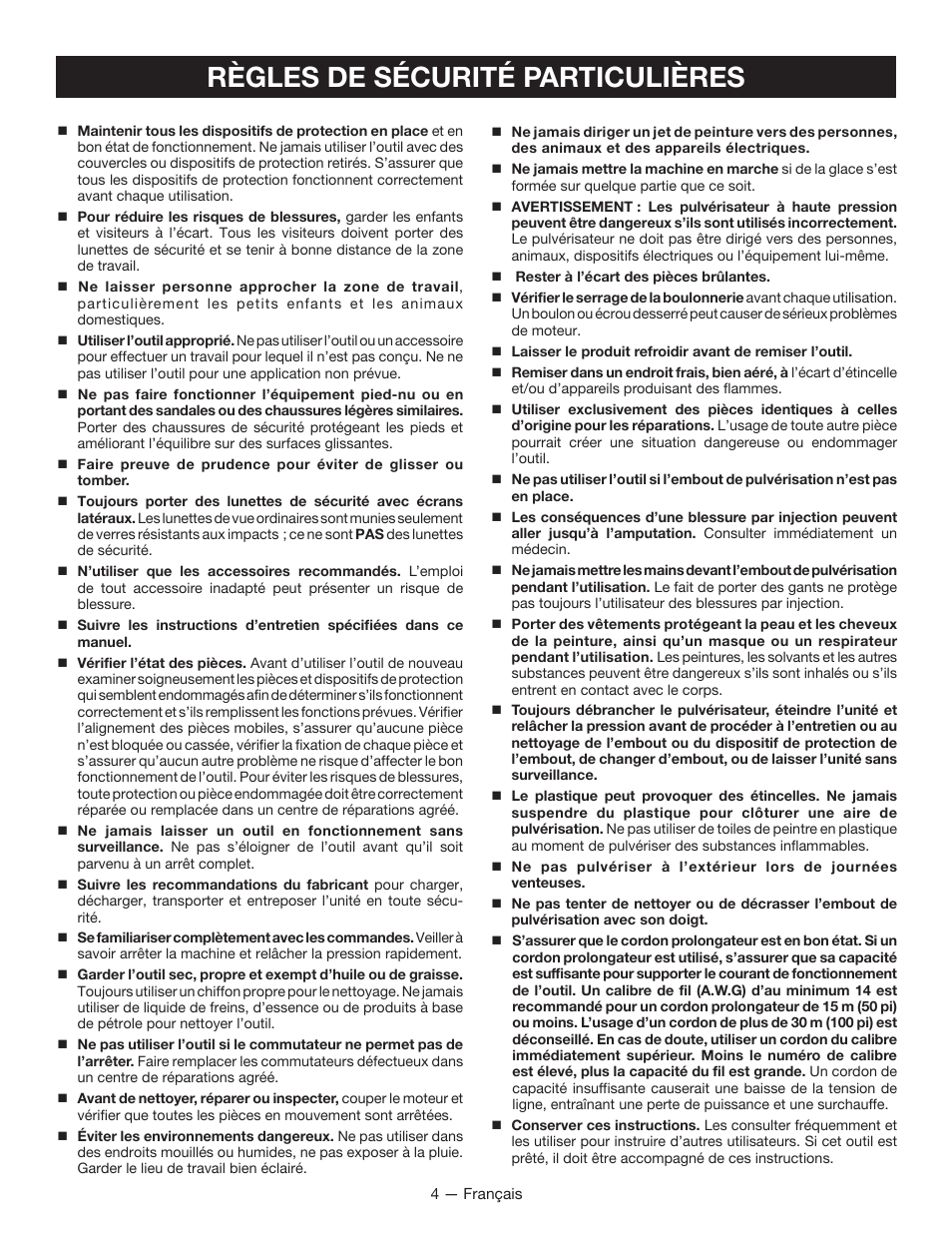 Règles de sécurité particulières | Ryobi RAP200 User Manual | Page 18 / 48