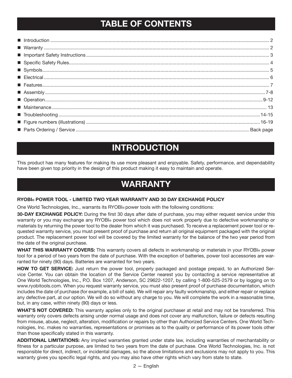 Table of contents introduction, Warranty | Ryobi RAP200 User Manual | Page 2 / 48