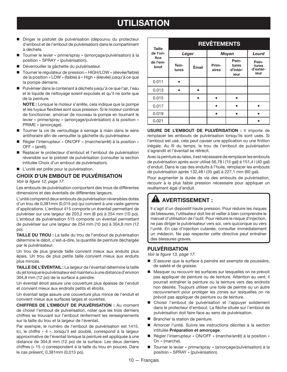 Utilisation, Revêtements, Avertissement | Ryobi RAP200 User Manual | Page 24 / 48