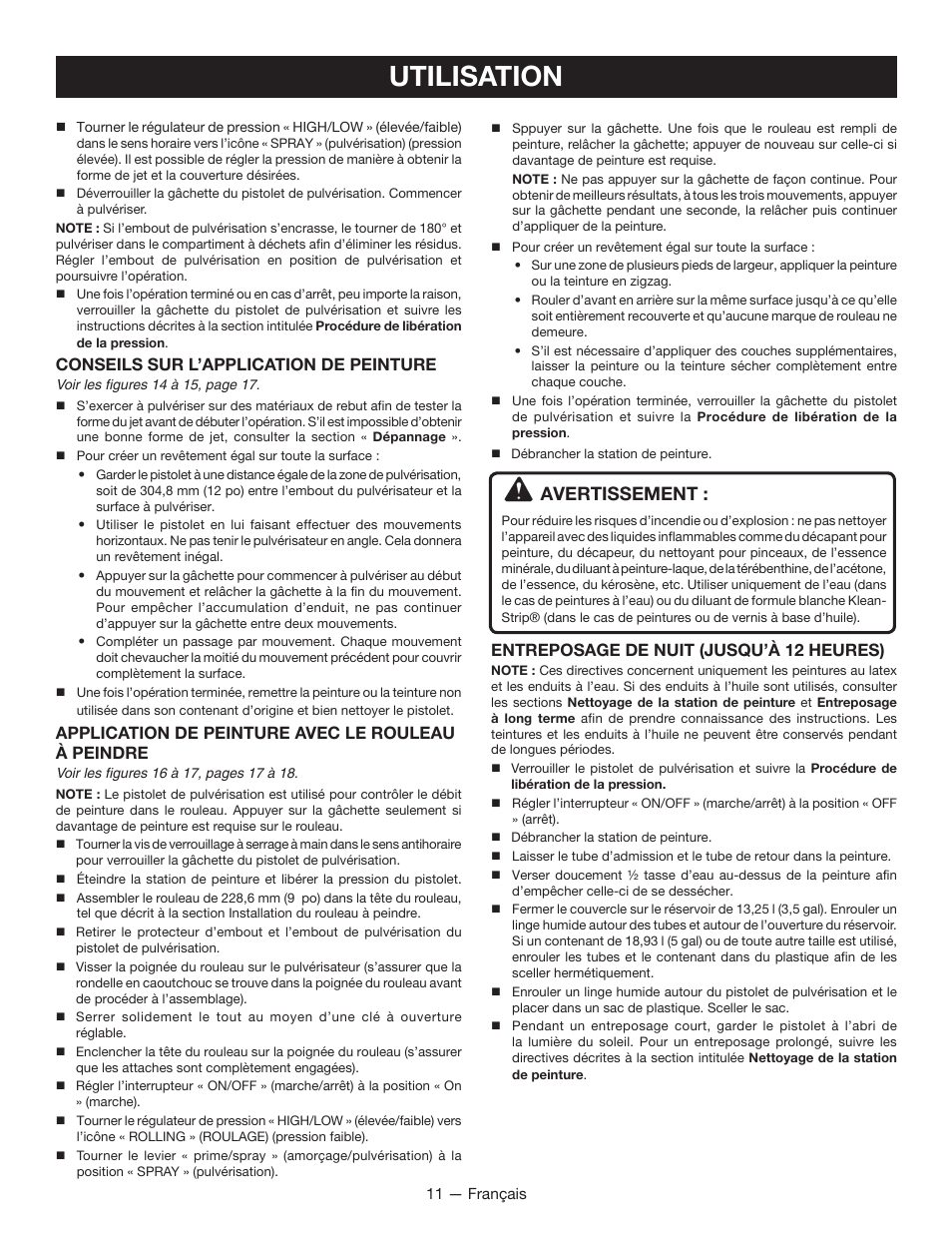 Utilisation, Avertissement, Conseils sur l’application de peinture | Application de peinture avec le rouleau à peindre, Entreposage de nuit (jusqu’à 12 heures) | Ryobi RAP200 User Manual | Page 25 / 48