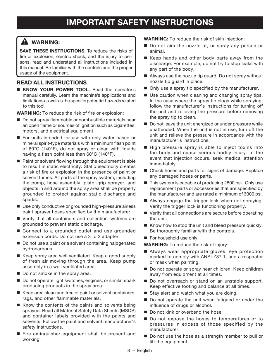 Important safety instructions | Ryobi RAP200 User Manual | Page 3 / 48