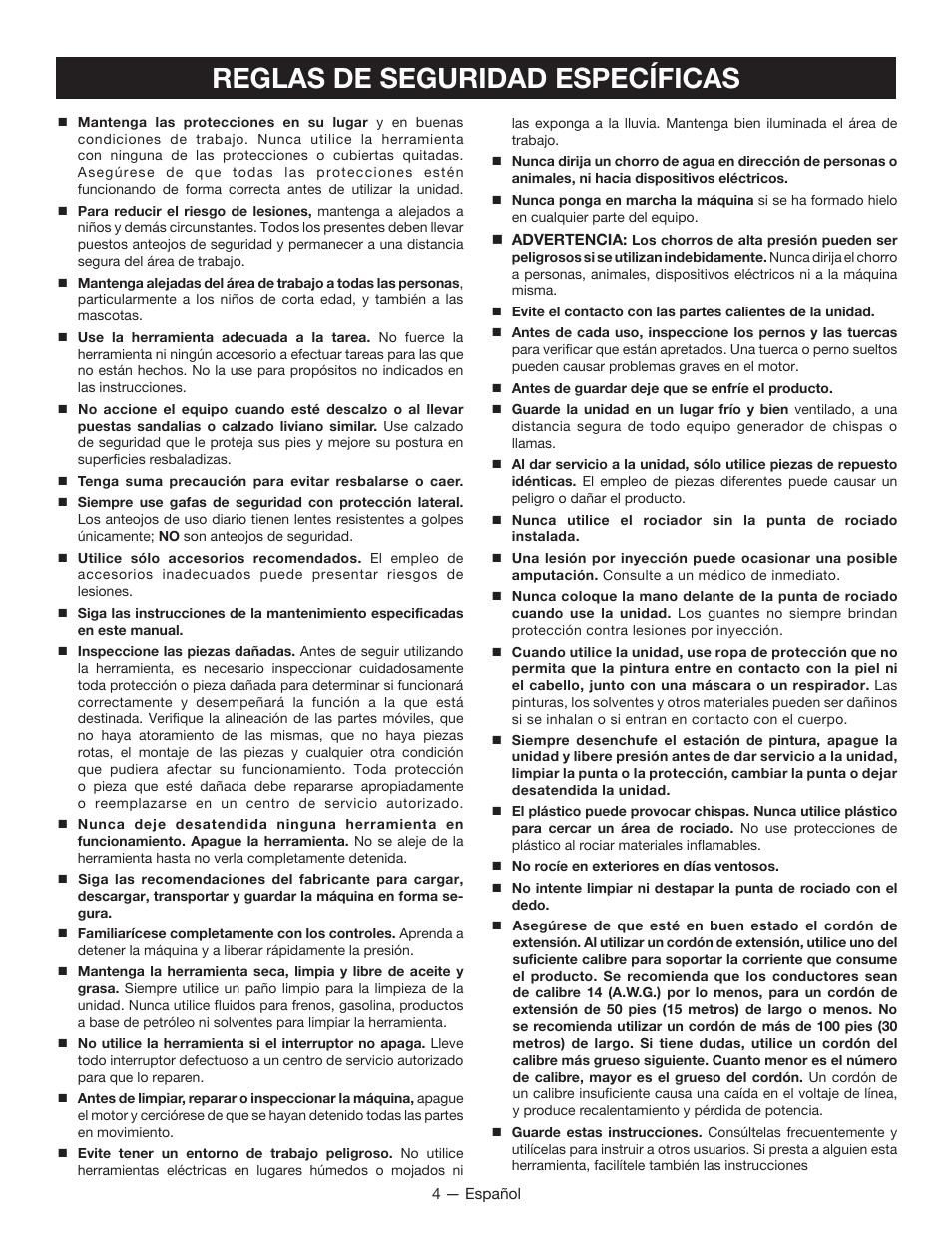 Reglas de seguridad específicas | Ryobi RAP200 User Manual | Page 32 / 48