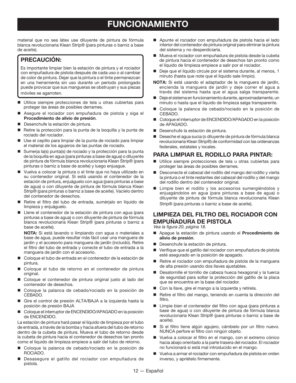 Funcionamiento, Precaución, Para limpiar el rodillo para pintar | Ryobi RAP200 User Manual | Page 40 / 48