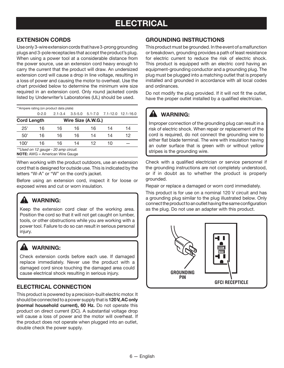 Electrical | Ryobi RAP200 User Manual | Page 6 / 48