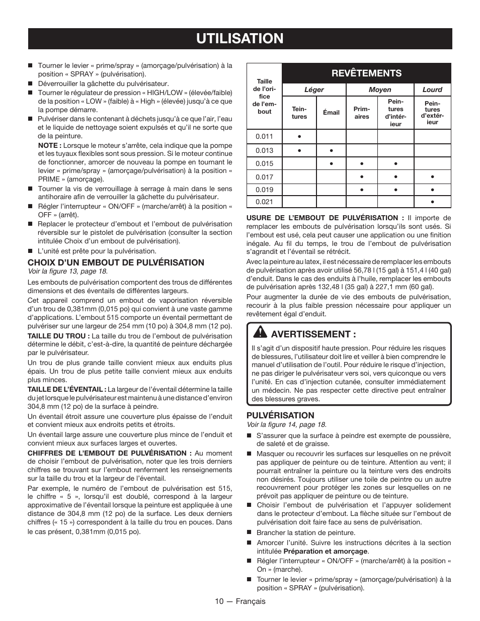 Utilisation, Revêtements, Avertissement | Ryobi RAP200B User Manual | Page 24 / 48