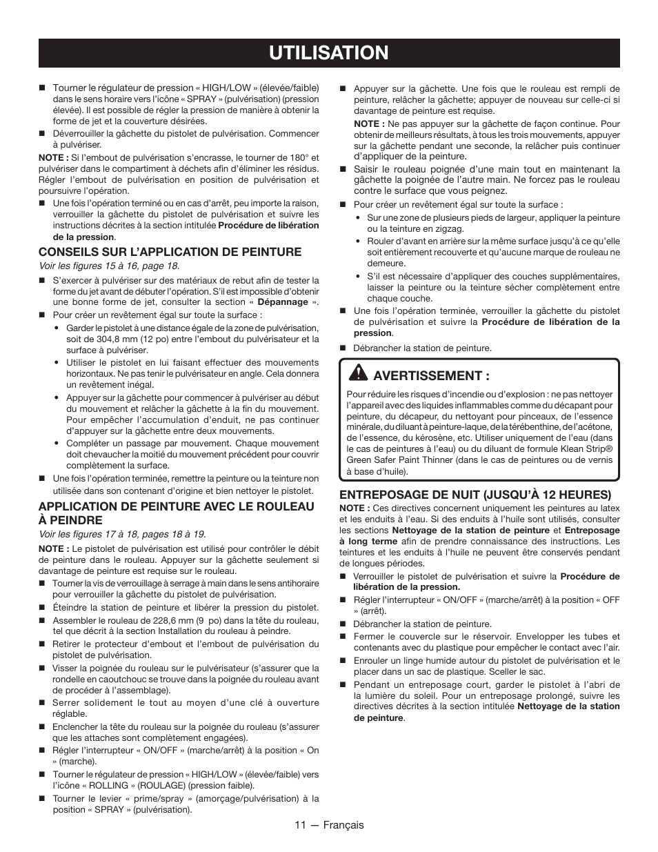 Utilisation, Avertissement, Conseils sur l’application de peinture | Application de peinture avec le rouleau à peindre, Entreposage de nuit (jusqu’à 12 heures) | Ryobi RAP200B User Manual | Page 25 / 48