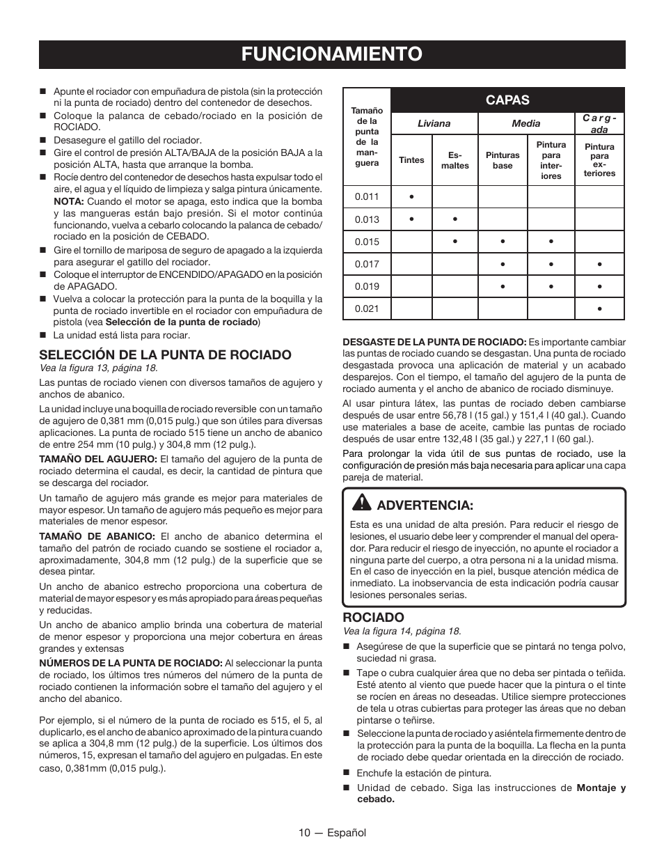 Funcionamiento, Capas, Advertencia | Rociado, Selección de la punta de rociado | Ryobi RAP200B User Manual | Page 38 / 48