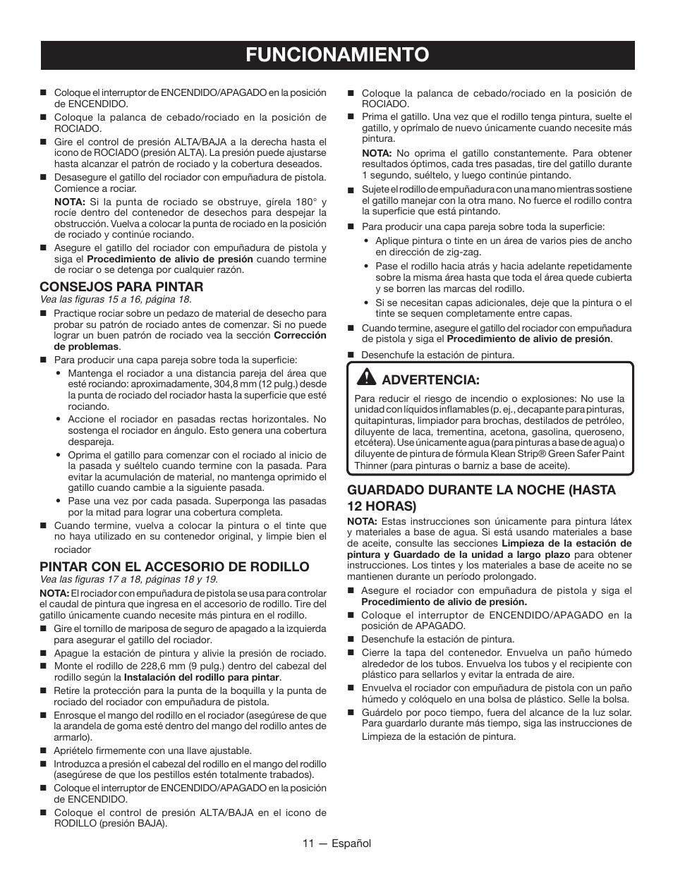 Funcionamiento, Consejos para pintar, Pintar con el accesorio de rodillo | Advertencia, Guardado durante la noche (hasta 12 horas) | Ryobi RAP200B User Manual | Page 39 / 48