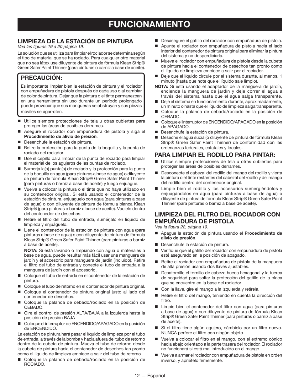 Funcionamiento, Limpieza de la estación de pintura, Precaución | Para limpiar el rodillo para pintar | Ryobi RAP200B User Manual | Page 40 / 48