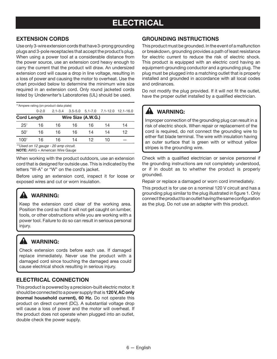 Electrical | Ryobi RAP200B User Manual | Page 6 / 48