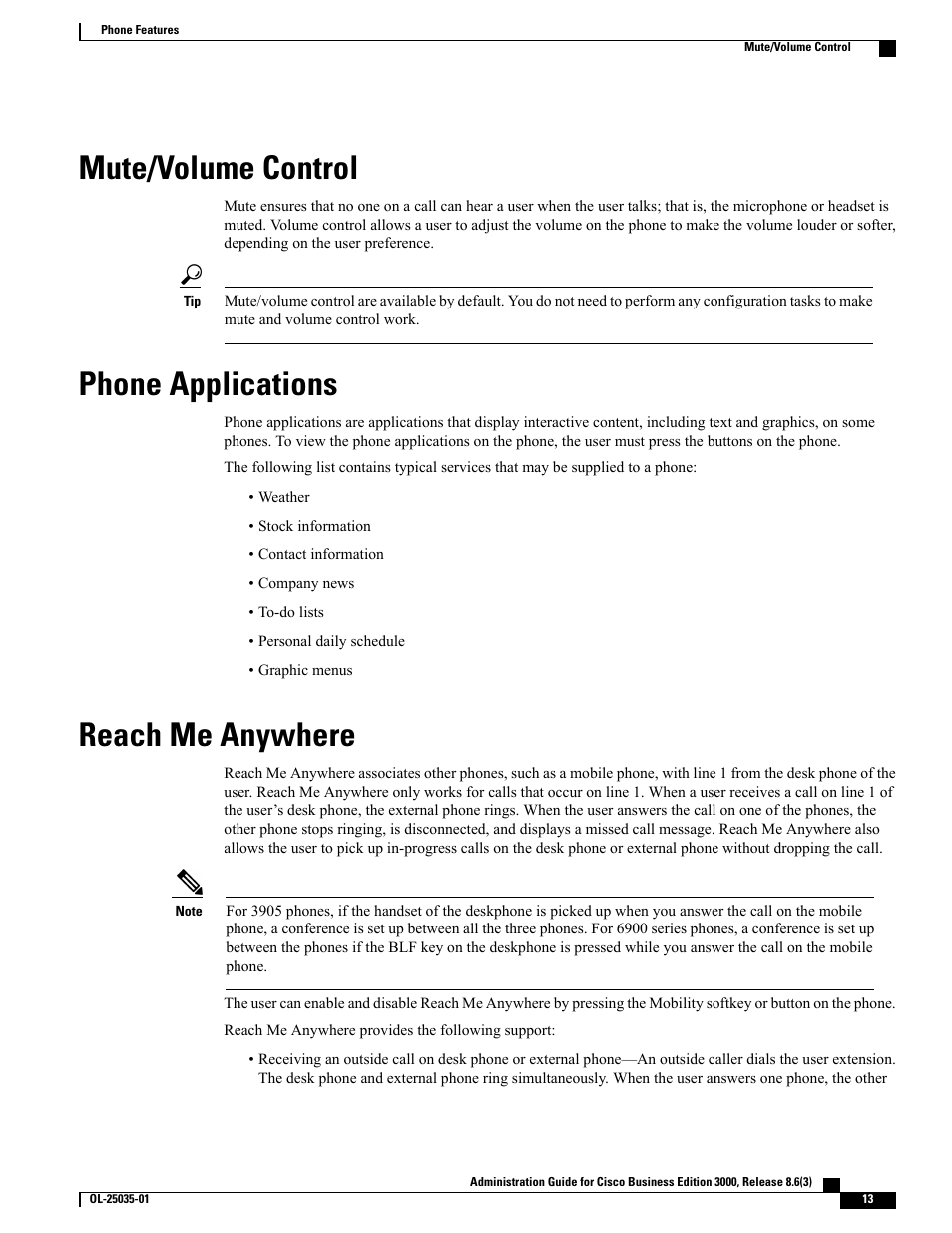 Mute/volume control, Phone applications, Reach me anywhere | Cisco 3000 User Manual | Page 13 / 16