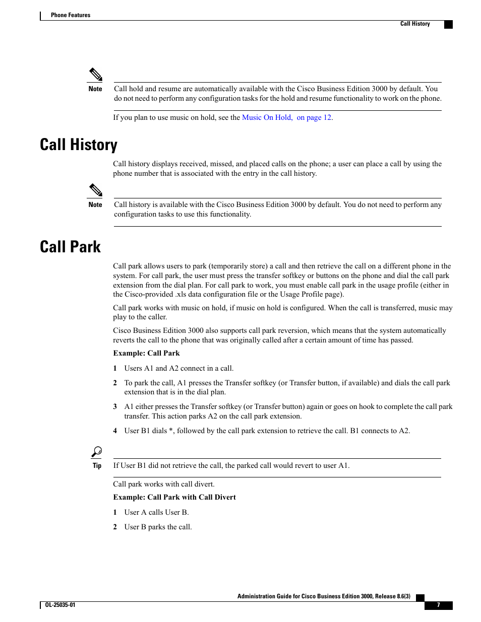 Call history, Call park | Cisco 3000 User Manual | Page 7 / 16