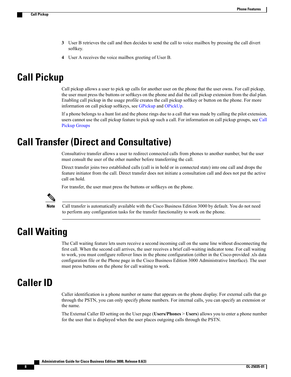 Call pickup, Call transfer (direct and consultative), Call waiting | Caller id | Cisco 3000 User Manual | Page 8 / 16