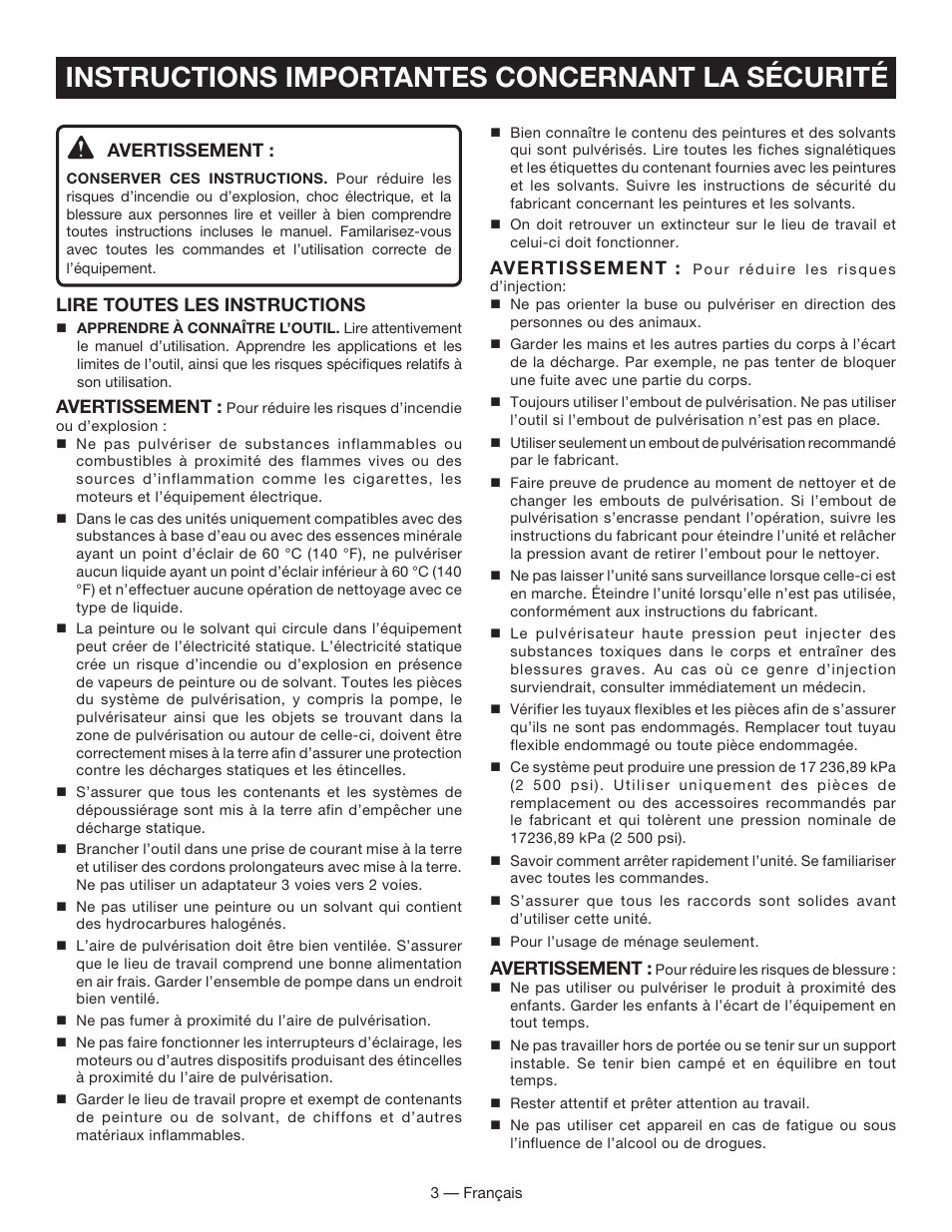 Instructions importantes concernant la sécurité, Avertissement, Lire toutes les instructions | Ryobi SSP050 User Manual | Page 13 / 36