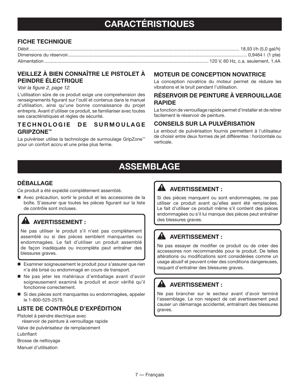 Caractéristiques, Assemblage | Ryobi SSP050 User Manual | Page 17 / 36