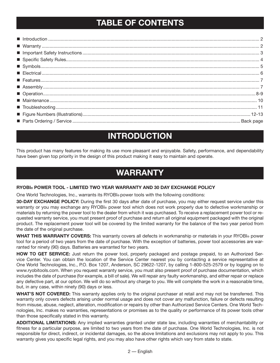 Table of contents introduction, Warranty | Ryobi SSP050 User Manual | Page 2 / 36