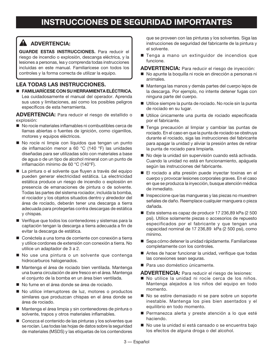 Instrucciones de seguridad importantes | Ryobi SSP050 User Manual | Page 23 / 36