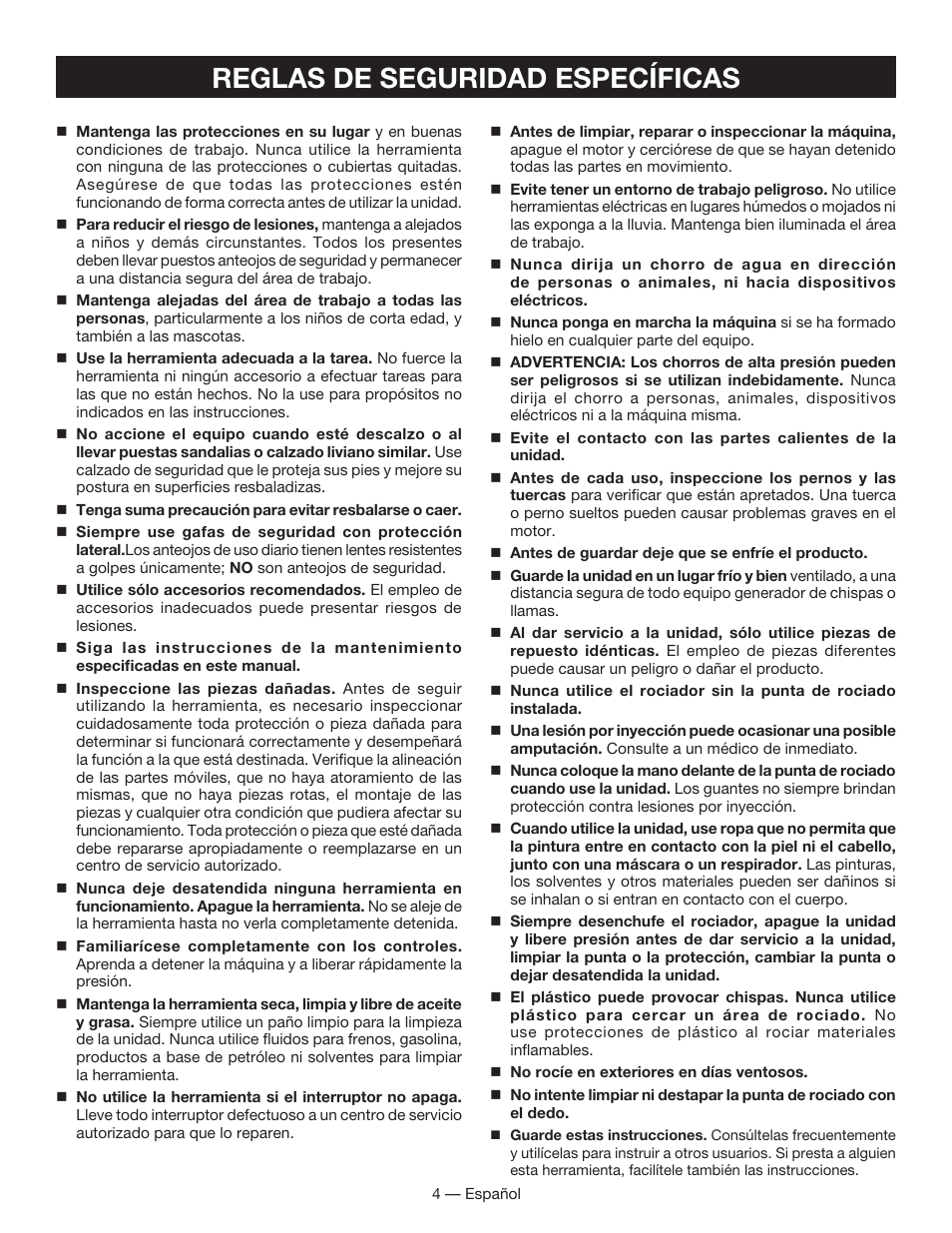 Reglas de seguridad específicas | Ryobi SSP050 User Manual | Page 24 / 36