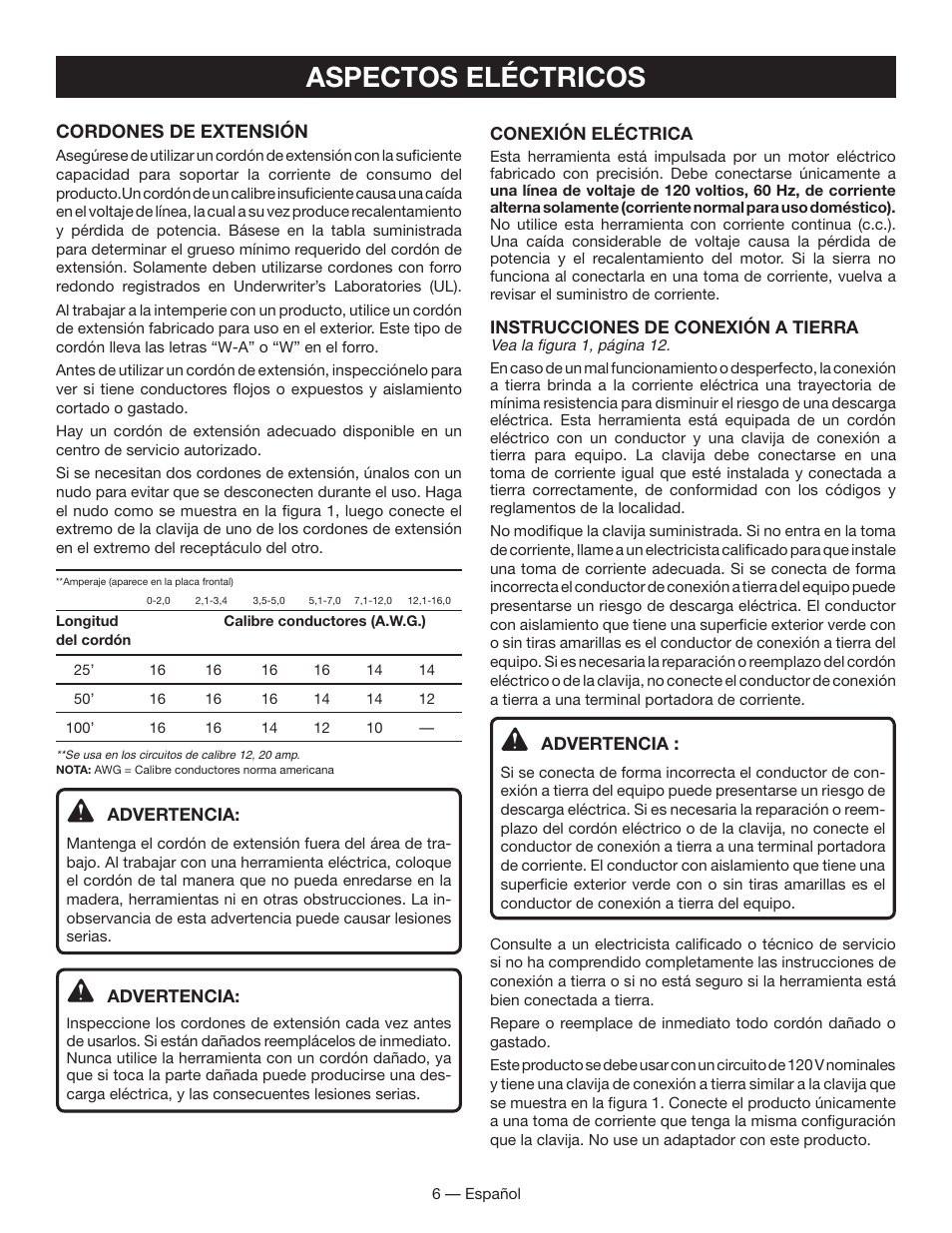 Aspectos eléctricos, Cordones de extensión | Ryobi SSP050 User Manual | Page 26 / 36