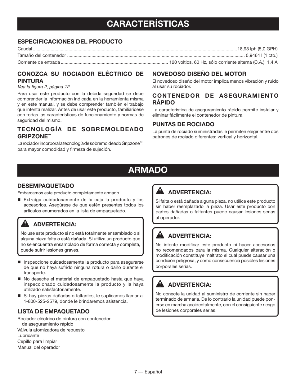 Características, Armado | Ryobi SSP050 User Manual | Page 27 / 36