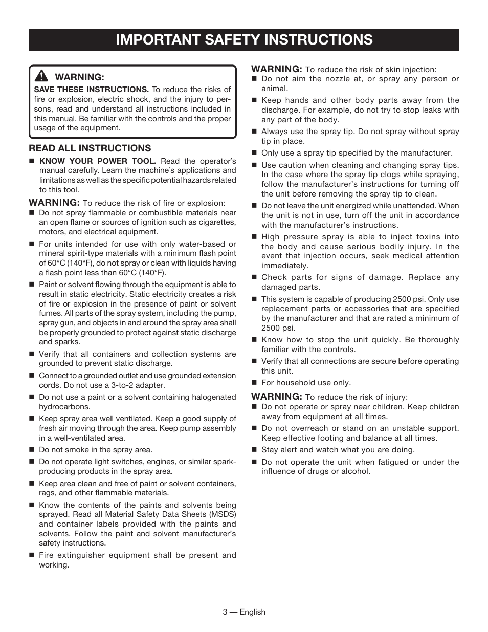 Important safety instructions | Ryobi SSP050 User Manual | Page 3 / 36