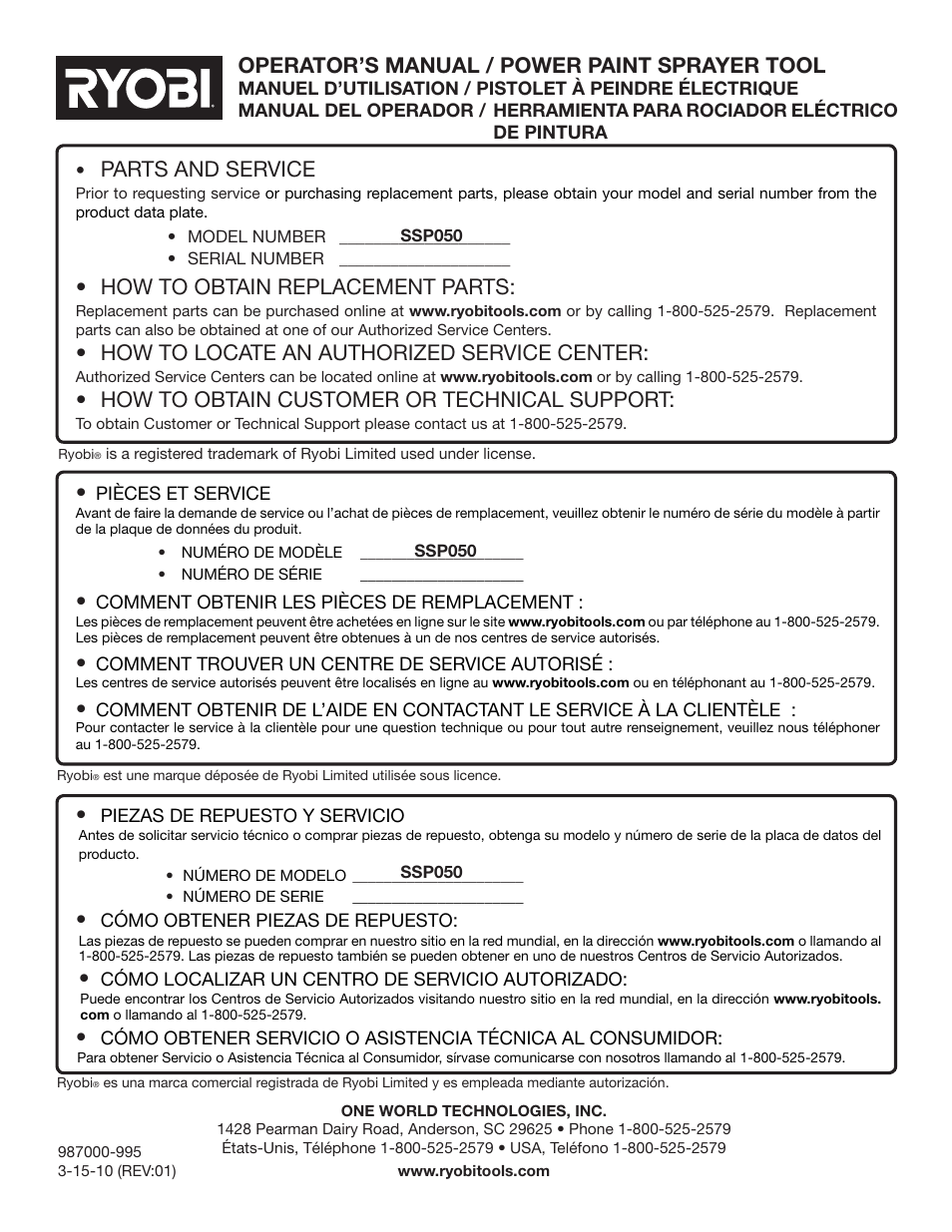 Parts and service, How to obtain replacement parts, How to locate an authorized service center | How to obtain customer or technical support, Operator’s manual / power paint sprayer tool | Ryobi SSP050 User Manual | Page 36 / 36