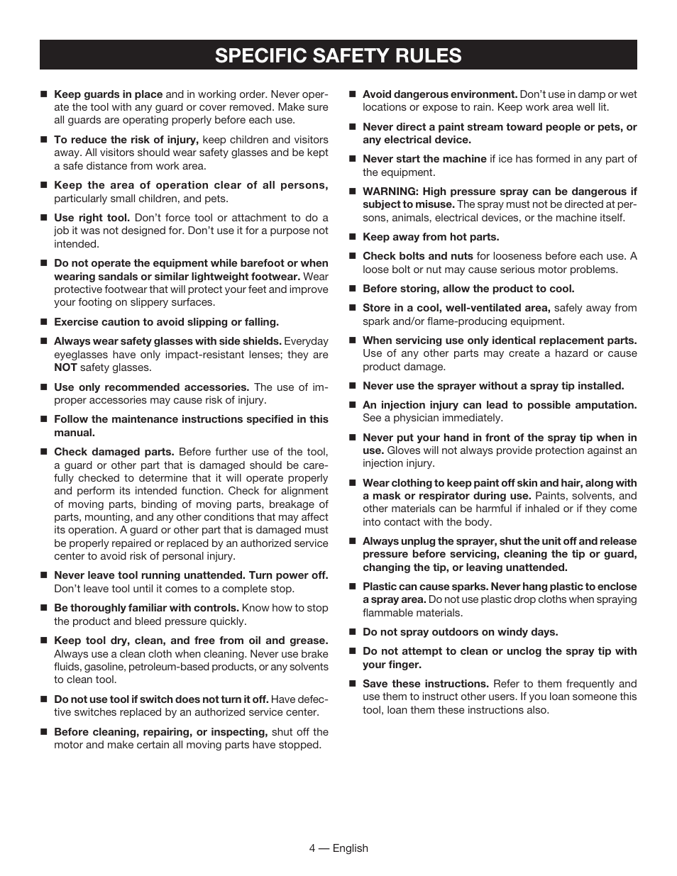 Specific safety rules | Ryobi SSP050 User Manual | Page 4 / 36