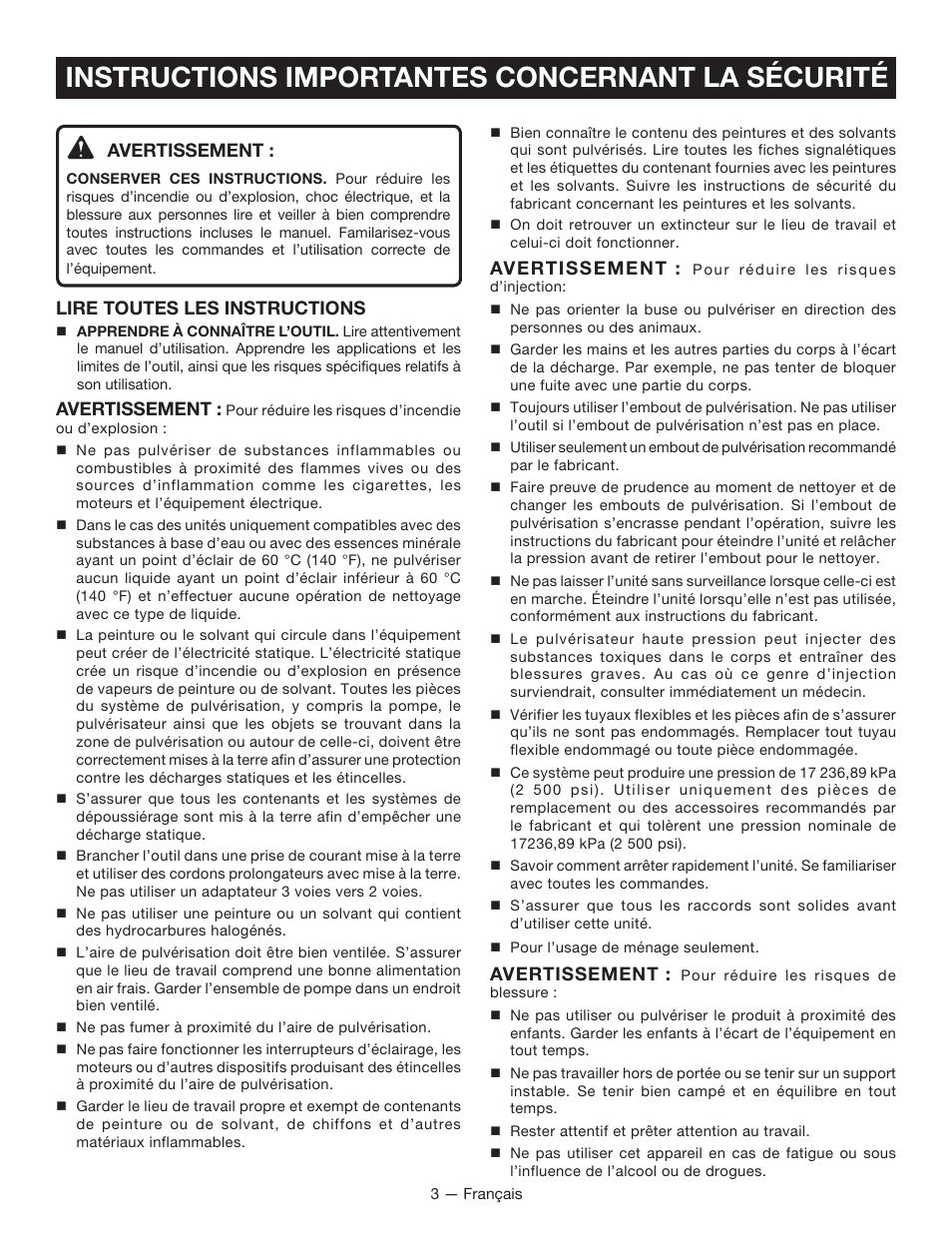 Instructions importantes concernant la sécurité, Avertissement, Lire toutes les instructions | Ryobi SSP100 User Manual | Page 13 / 36