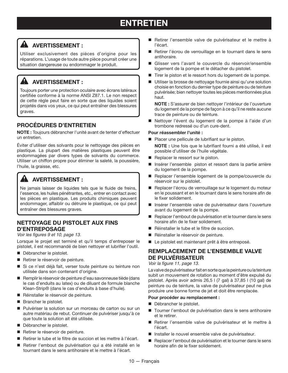 Entretien, Avertissement, Procédures d’entretien | Nettoyage du pistolet aux fins d’entreposage, Remplacement de l’ensemble valve de pulvérisateur | Ryobi SSP100 User Manual | Page 20 / 36