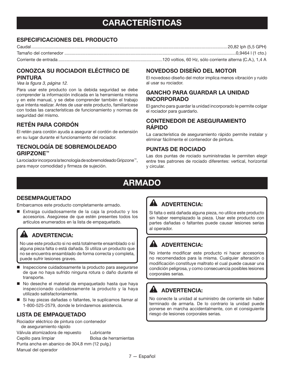 Características, Armado | Ryobi SSP100 User Manual | Page 27 / 36