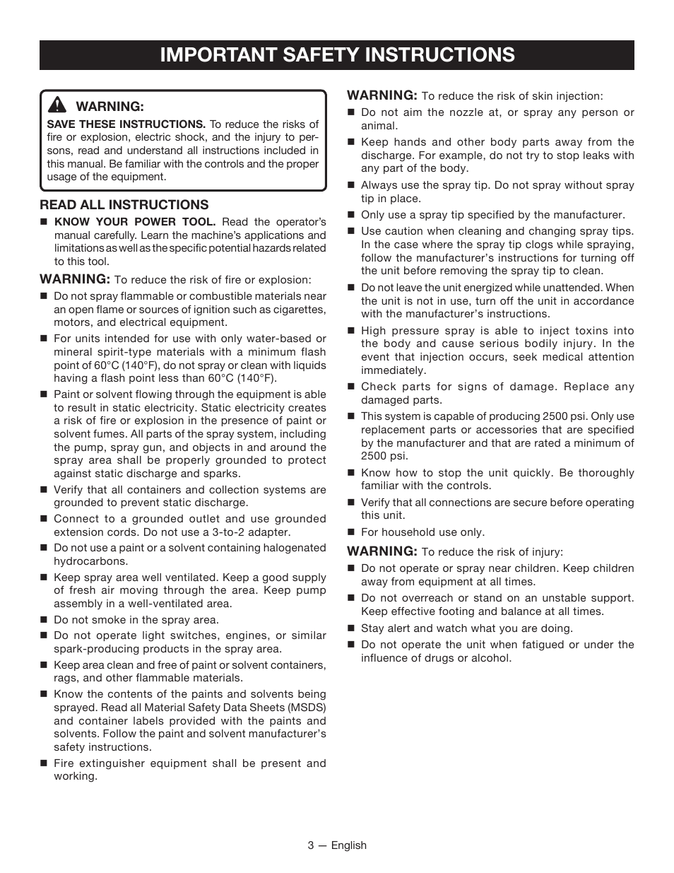 Important safety instructions | Ryobi SSP100 User Manual | Page 3 / 36