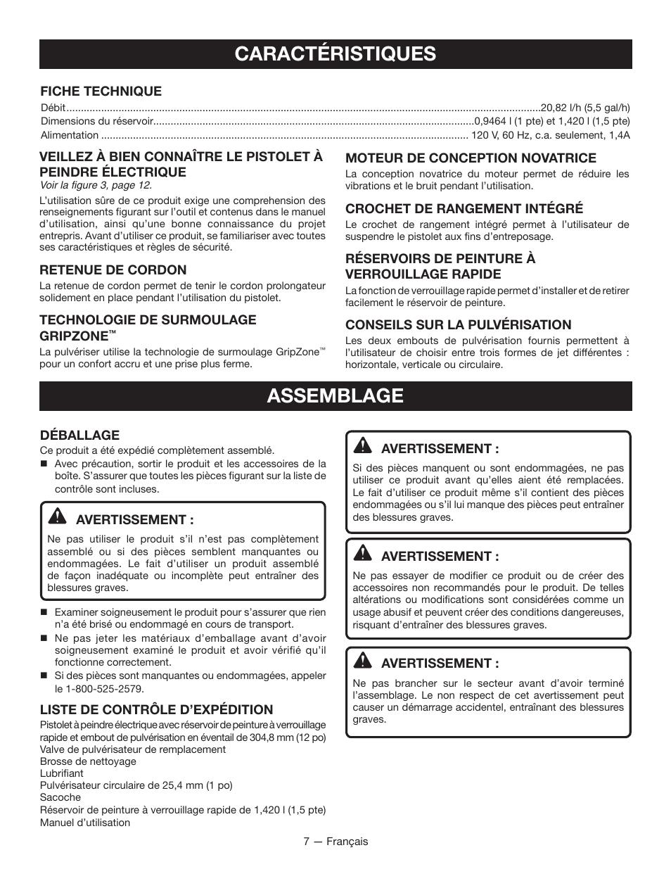 Caractéristiques, Assemblage | Ryobi SSP200 User Manual | Page 17 / 36