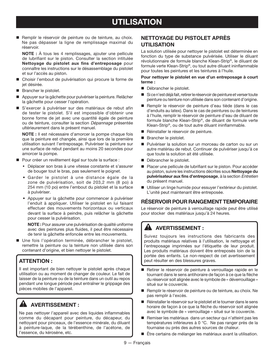 Utilisation, Attention, Avertissement | Nettoyage du pistolet après utilisation, Réservoir pour rangement temporaire | Ryobi SSP200 User Manual | Page 19 / 36