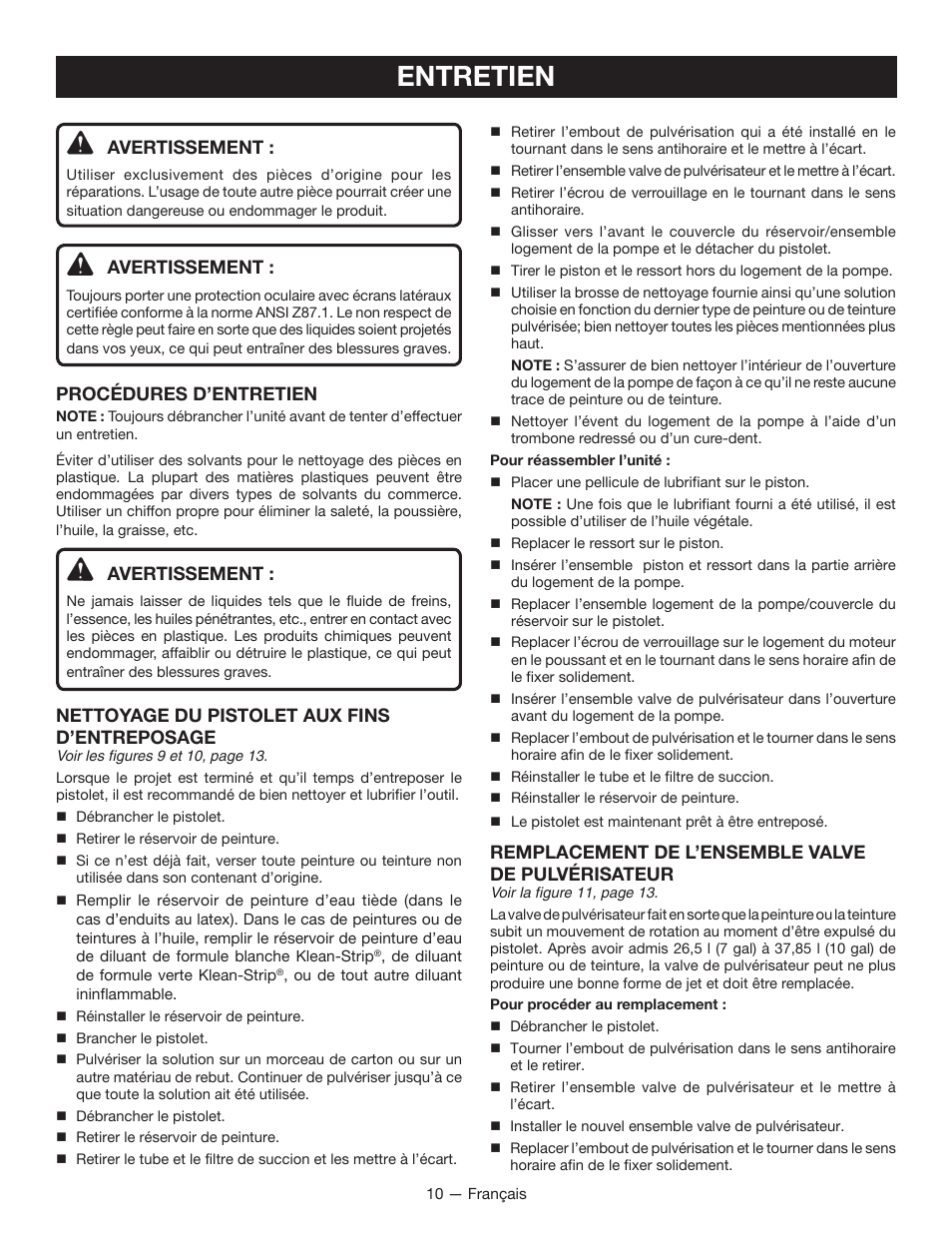 Entretien, Avertissement, Procédures d’entretien | Nettoyage du pistolet aux fins d’entreposage, Remplacement de l’ensemble valve de pulvérisateur | Ryobi SSP200 User Manual | Page 20 / 36