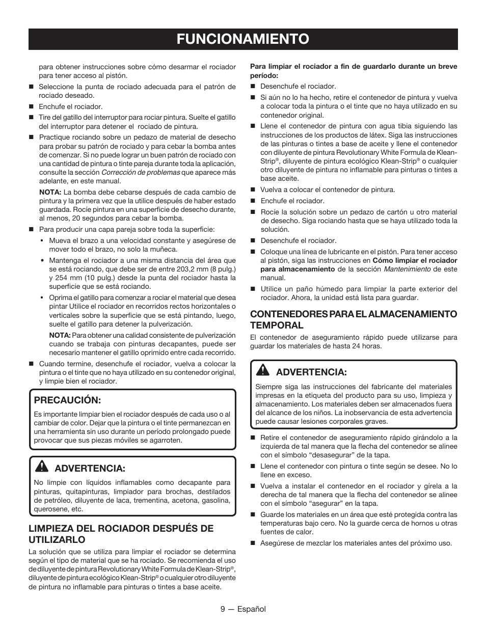 Funcionamiento, Precaución, Advertencia | Limpieza del rociador después de utilizarlo, Contenedores para el almacenamiento temporal | Ryobi SSP200 User Manual | Page 29 / 36