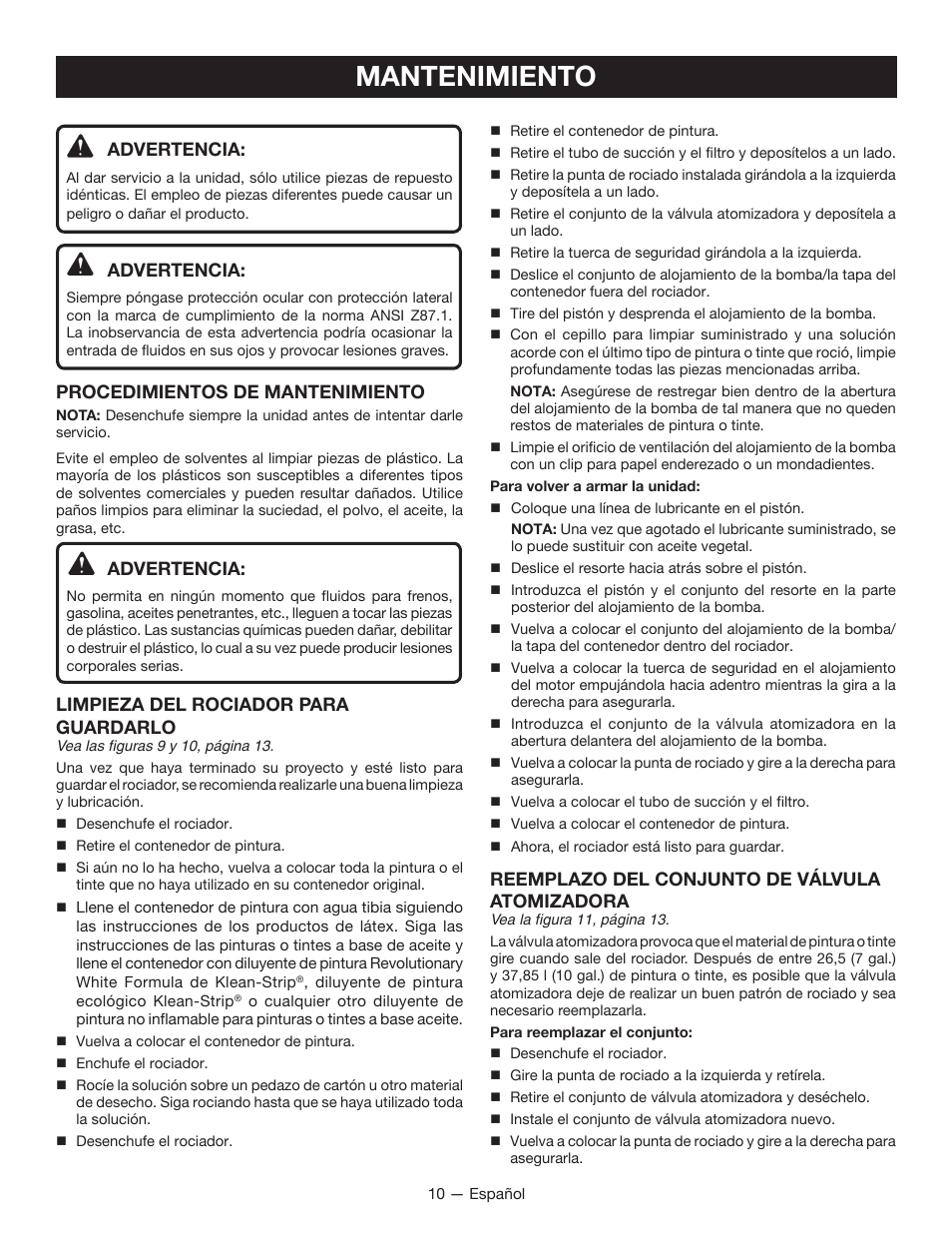 Mantenimiento, Advertencia, Procedimientos de mantenimiento | Limpieza del rociador para guardarlo, Reemplazo del conjunto de válvula atomizadora | Ryobi SSP200 User Manual | Page 30 / 36