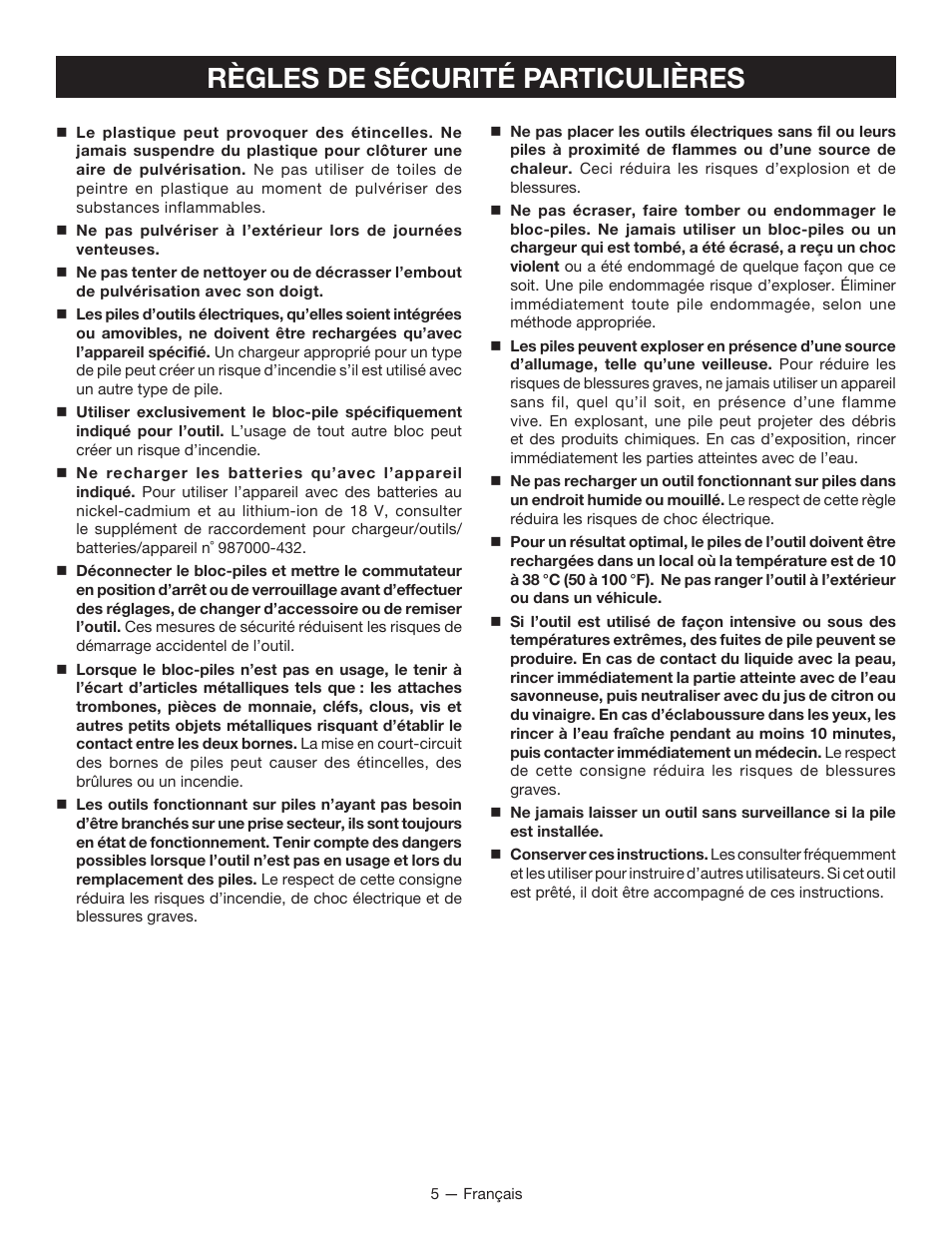 Règles de sécurité particulières | Ryobi P630 User Manual | Page 15 / 36