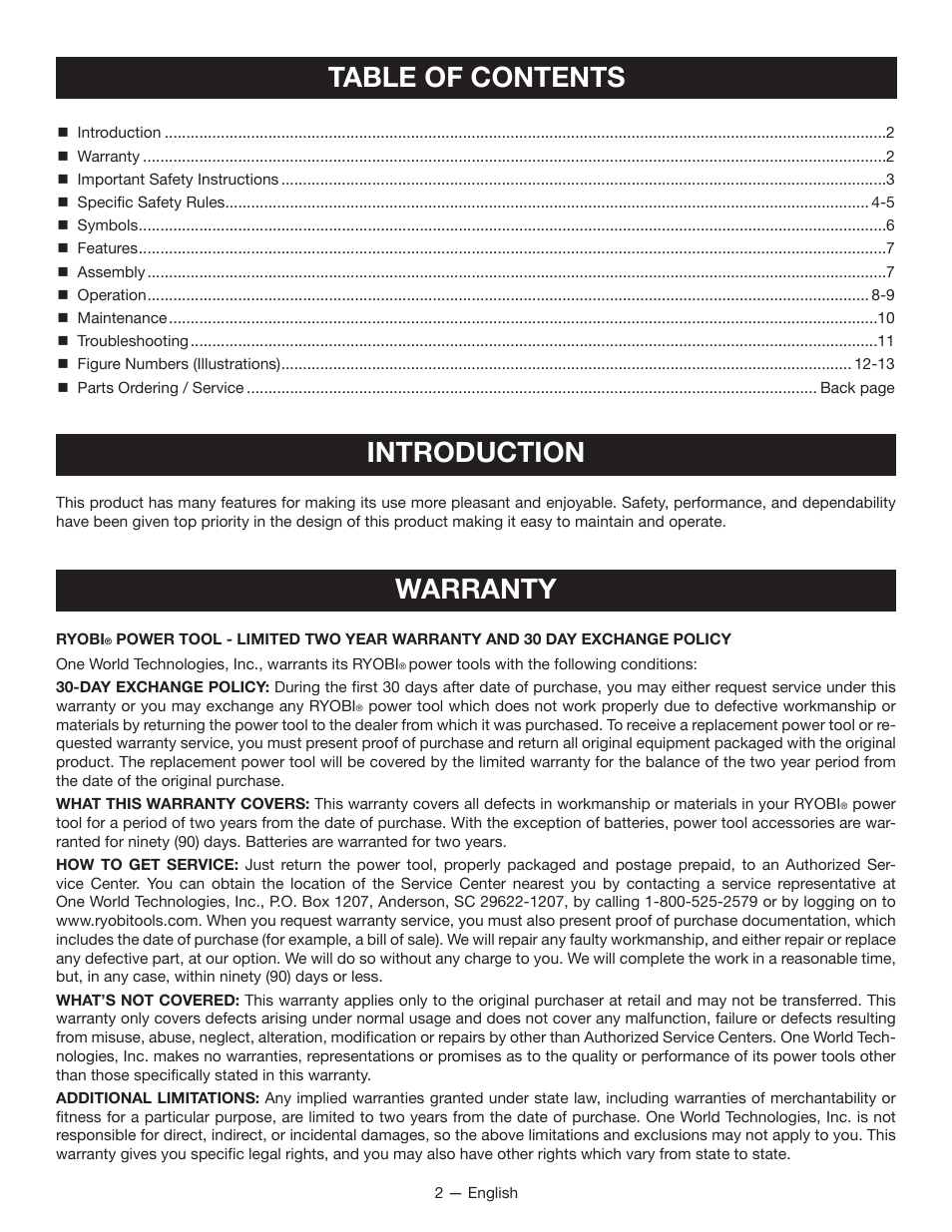 Table of contents introduction, Warranty | Ryobi P630 User Manual | Page 2 / 36