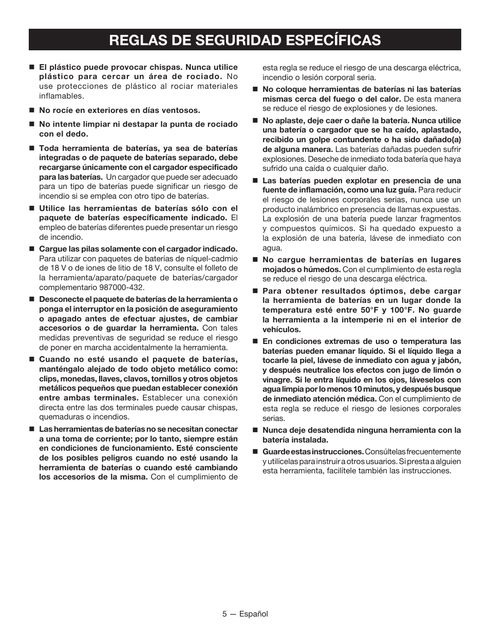 Reglas de seguridad específicas | Ryobi P630 User Manual | Page 25 / 36