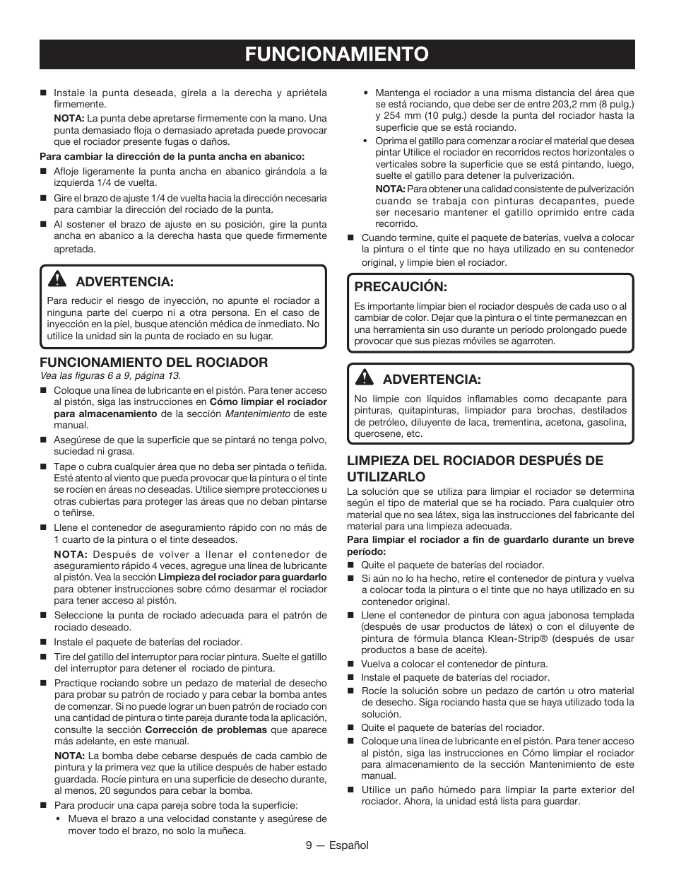 Funcionamiento, Advertencia, Funcionamiento del rociador | Precaución, Limpieza del rociador después de utilizarlo | Ryobi P630 User Manual | Page 29 / 36