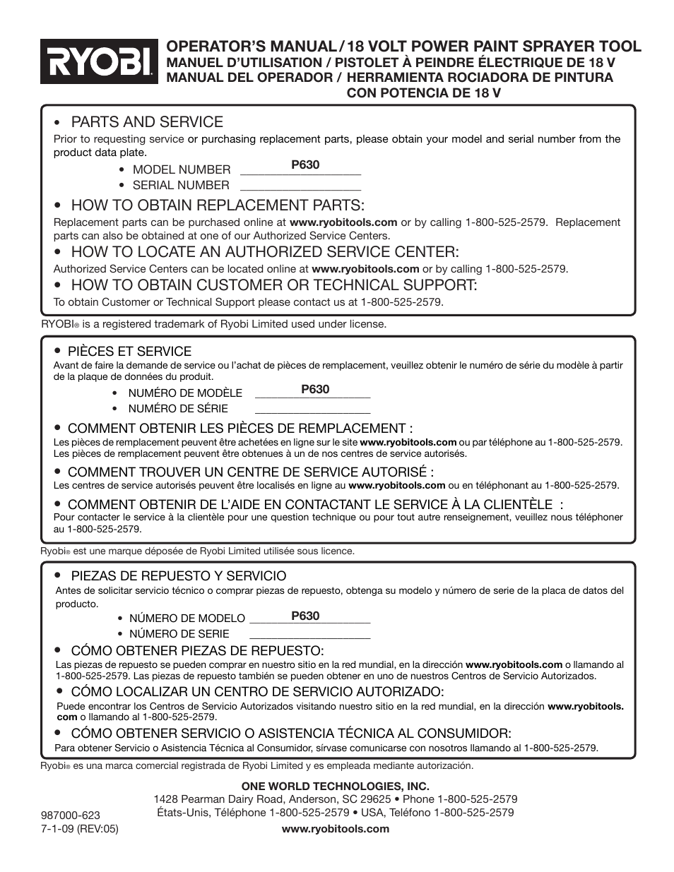 Parts and service, How to obtain replacement parts, How to locate an authorized service center | How to obtain customer or technical support | Ryobi P630 User Manual | Page 36 / 36